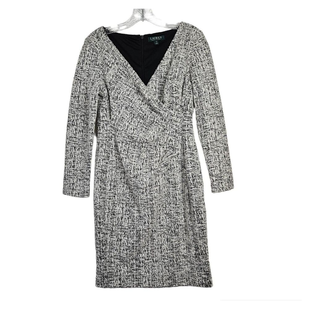 Ralph Lauren LRL Womens 10 Petite Dress, V-Neck Fitted Rouched Faux Wrap Zip-Up